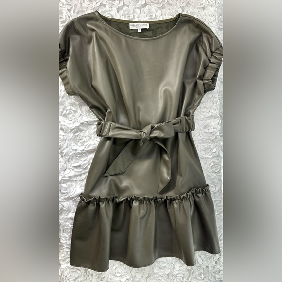 Inclan Studio Faux Leather Dress Size Small Loose Fitting Dress Olive Color - Picture 2 of 10